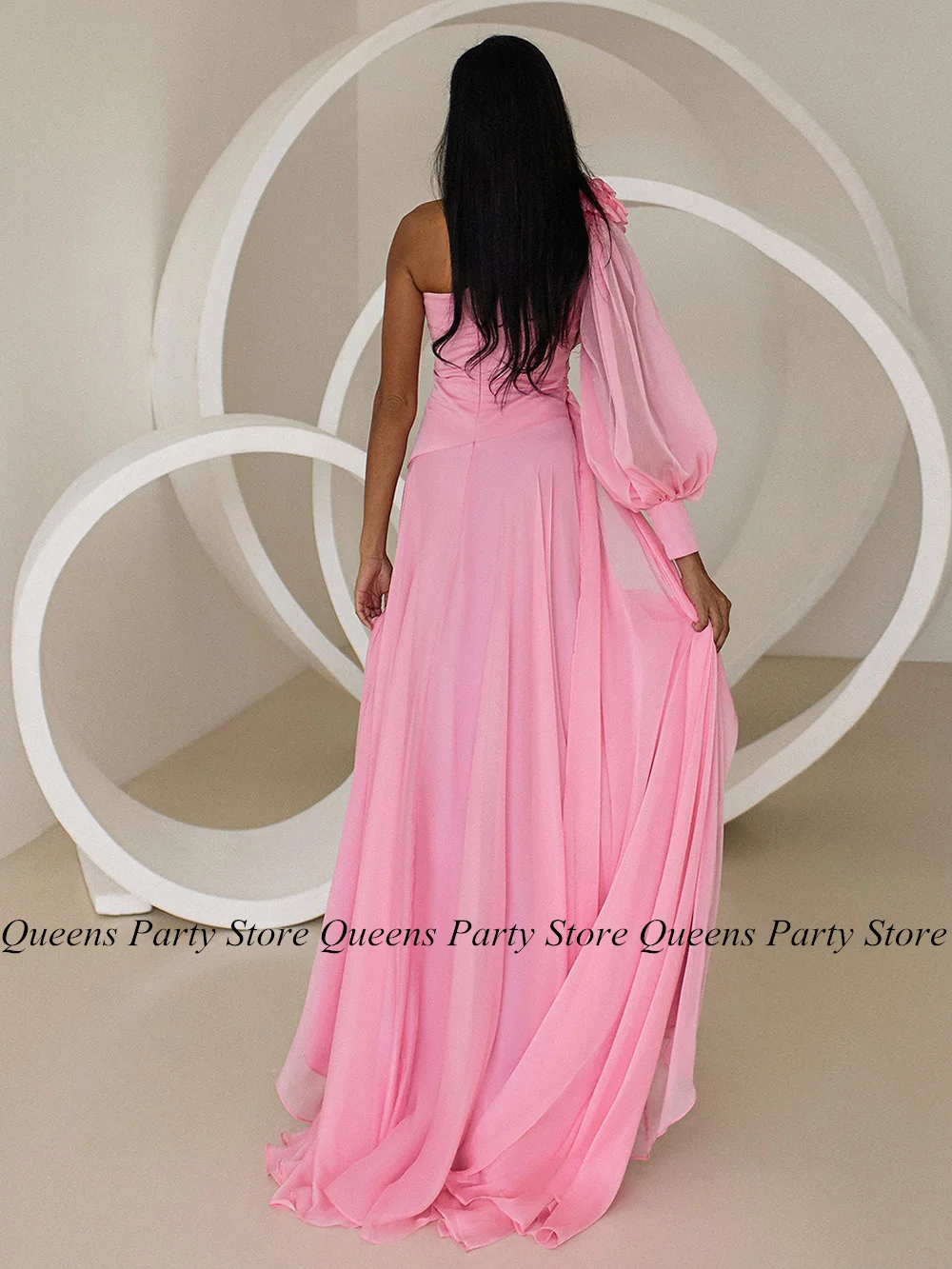 Pink Evening Dress One Shoulder Long Sleeve Flower Ruched Pleat A Line Chiffon Formal Prom Gown Bridesmaid Party Dresses