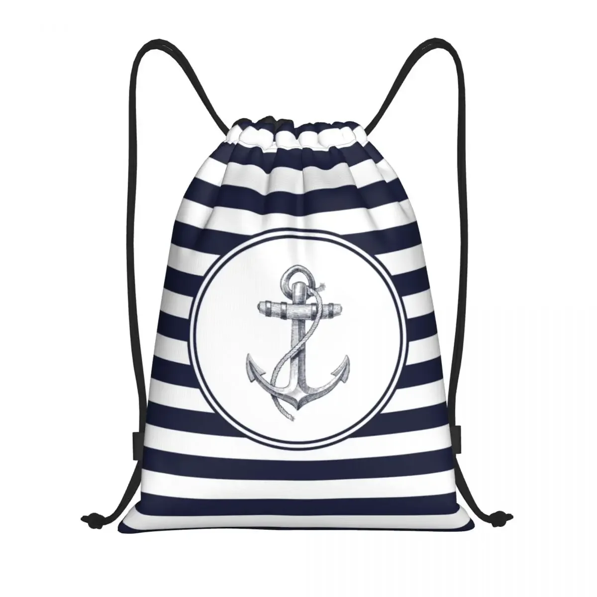 Custom Anchor And Navy Blue Stripes Drawstring Backpack Women Men Gym Sport Sackpack Portable Nautical Sailor Shopping Bag Sack