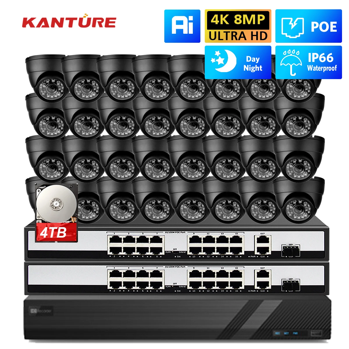 KANTURE 32CH 8MP 4MP Security Camera System Smart AI Human Detected 4K Metal Indoor Outdoor CCTV Video Surveillance Kit P2P