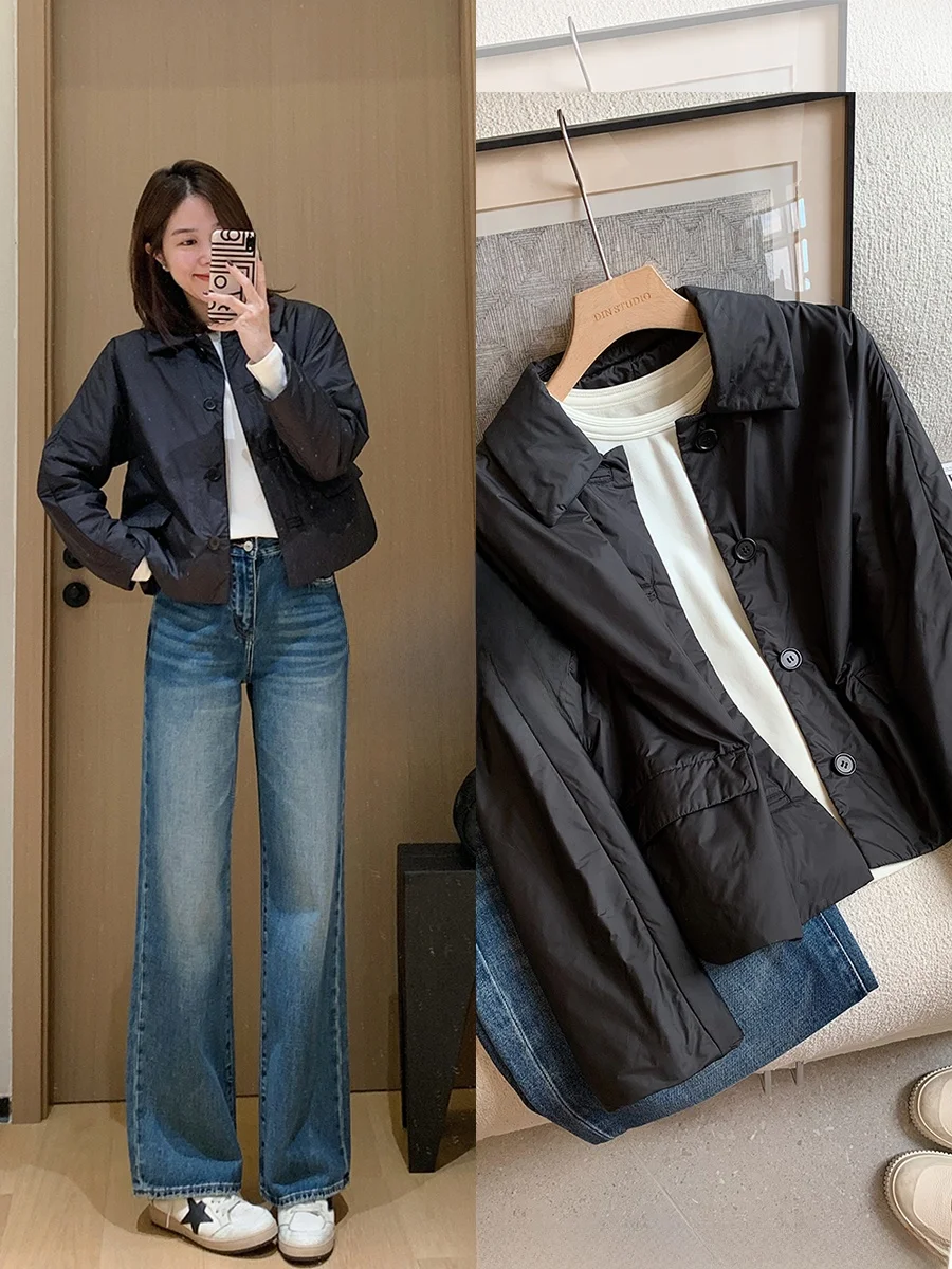 

Легкая теплая куртка из шелка, шерсти и хлопка с отложным воротником, прямого кроя, для повседневной носки, без капюшона, утепленная.