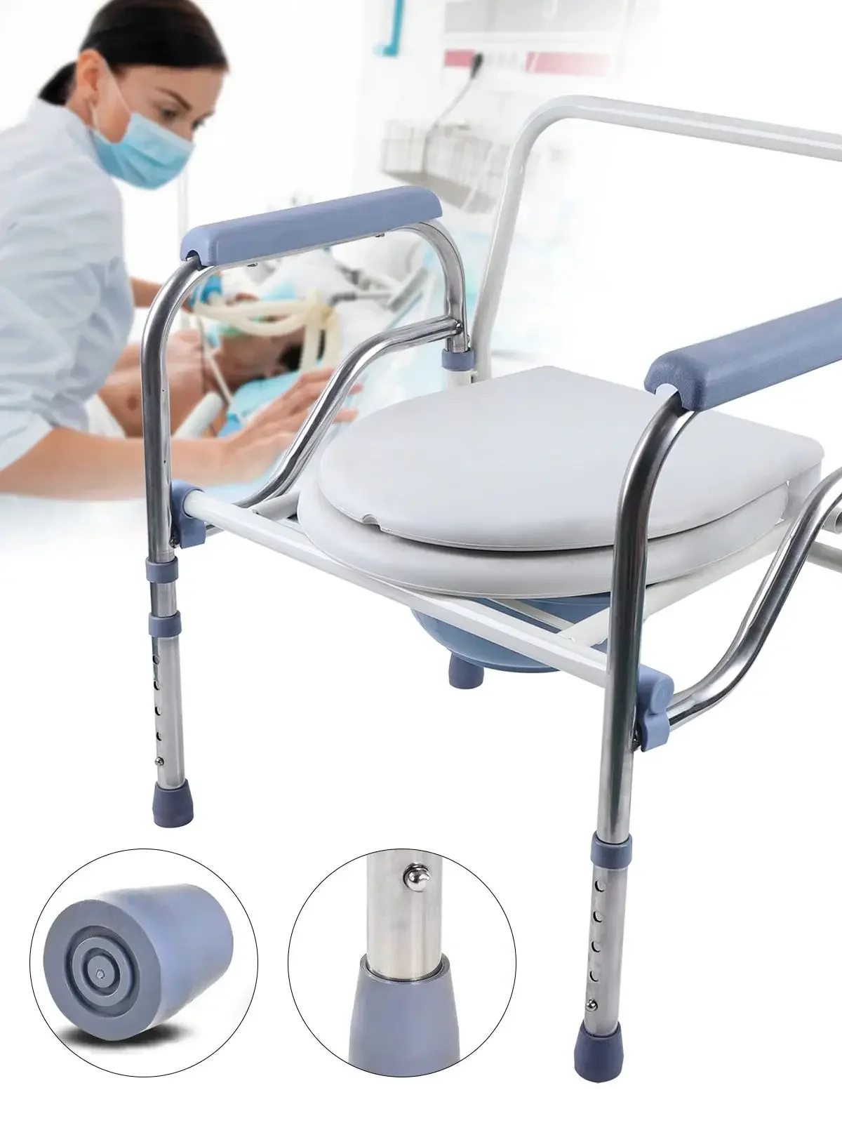 Leichter, faltbarer Toilettenstuhl, perforierte Stühle, Sicherheits-Toilettenstuhl mit verstellbarer Höhe für ältere Menschen – Detail 15