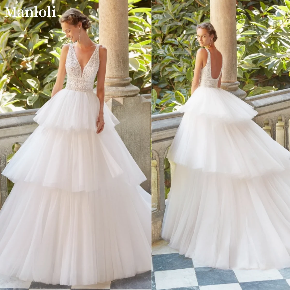 

Elegant Deep V-neck Sleeveless Wedding Dress Lace Embroidery Layered Tulle Long Tail Ball Dress Bareback Bridal Dress Custom