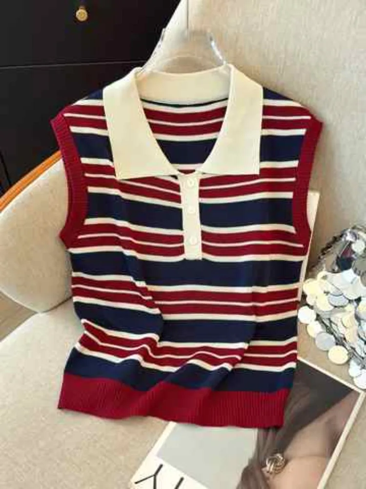 Women's Red Navy White Striped Polo Collar Knit Sweater Vest Sleeveless Ribbed Stretchy Fit Preppy Casual Camisole Waistcoat Top