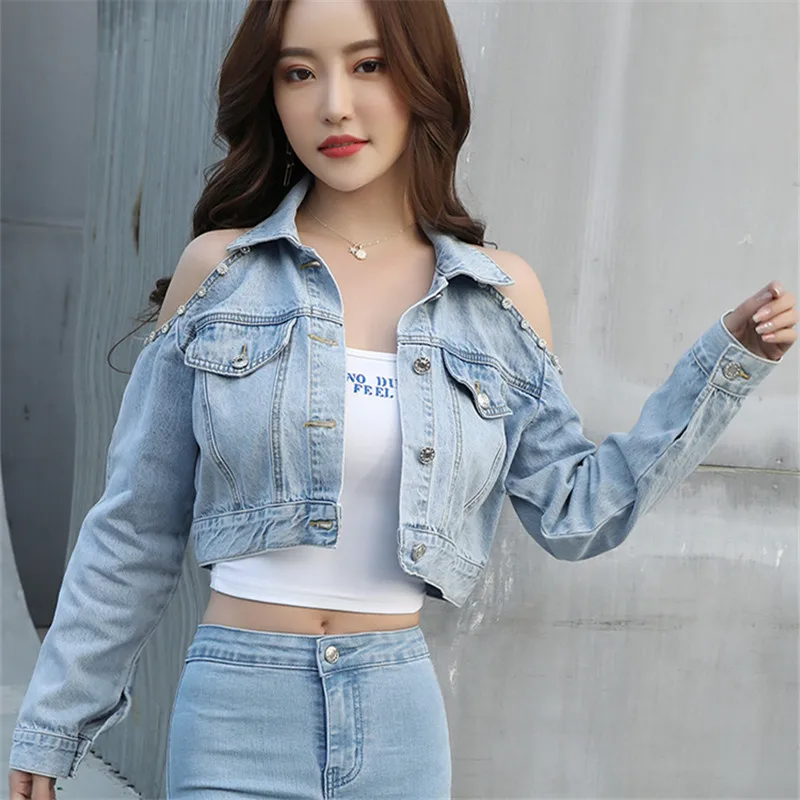 Autumn Vintage Light Blue Slim Ultra Short Denim Jacket Women Cowboy Outerwear Lapel Long Sleeve Solid Color Jeans Jacket Coat