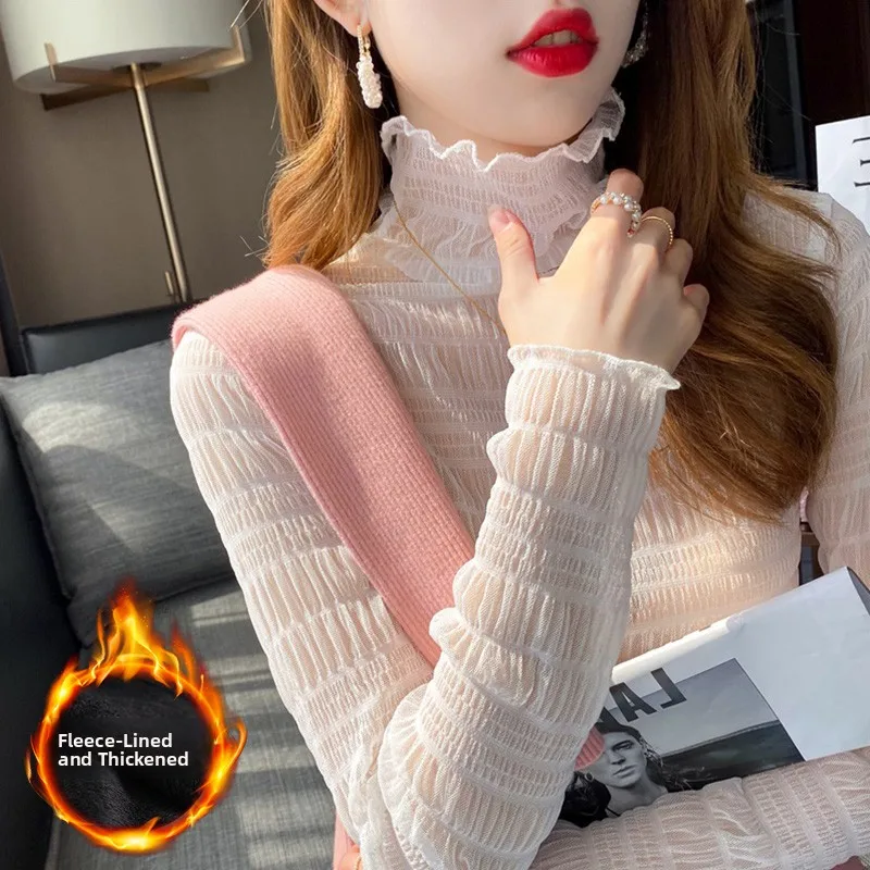 

Women's High Collar Lace Base Shirt Thickened Net Shirt Spring Autumn Winter Fashionable Inner Match Sweater Fleece Lined Thi...