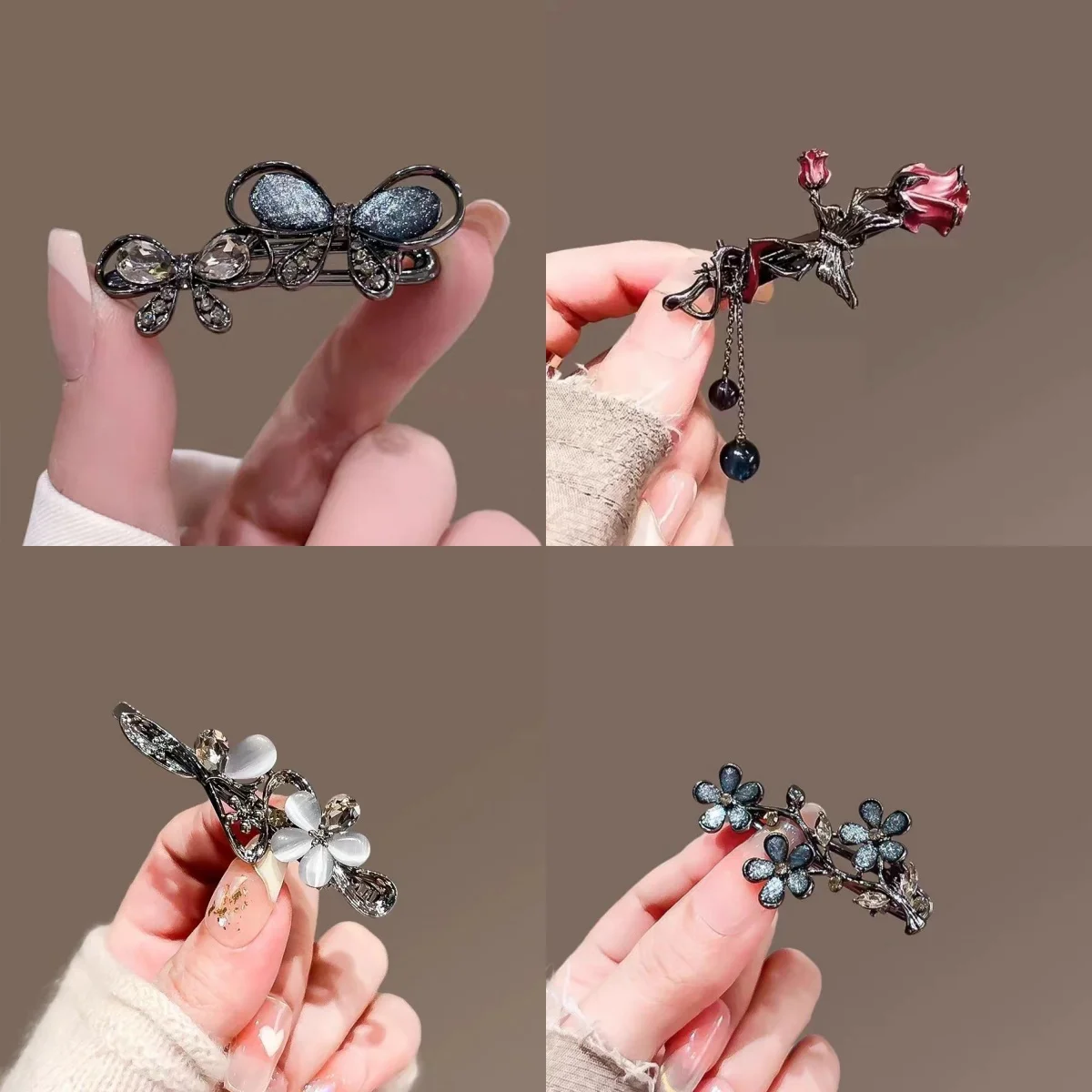 

Заколка для волос с черным кристаллом и глазурованным цветком для женщин, изысканный сплав, заколка в форме сердца, заколка для волос в форме бабочки, зажим в виде утконоса, аксессуары для волос