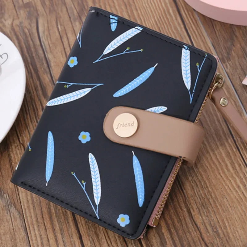 

Woman's Short PU Leather Purse Leaf Printed Wallet Buckle Change Pocket Purse Two-Folded Coin Purse Card Holder Billfold