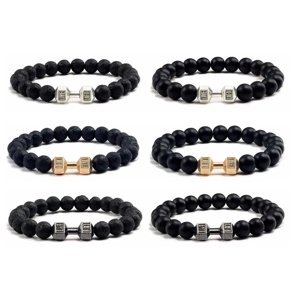 Natural Volcanic Stone Bracelet Men Matte Black Lave White Beads Charm Dumbbell Strand Bracelets Women Barbell Fitness Jewelry