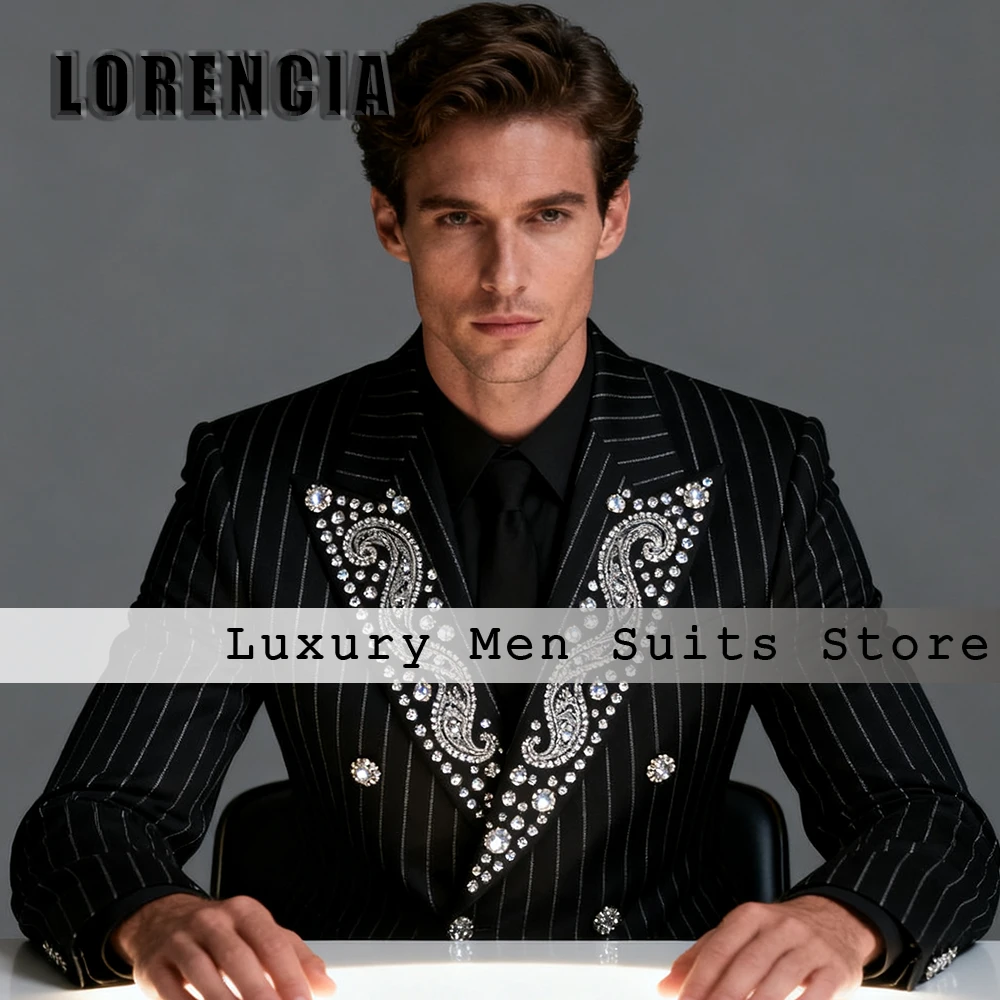

Elegant Stripe Suits for Men 2 Pieces Crystal Peaked Label Wedding Groom Tuxedos Customized Blazer Pants costume homme luxe