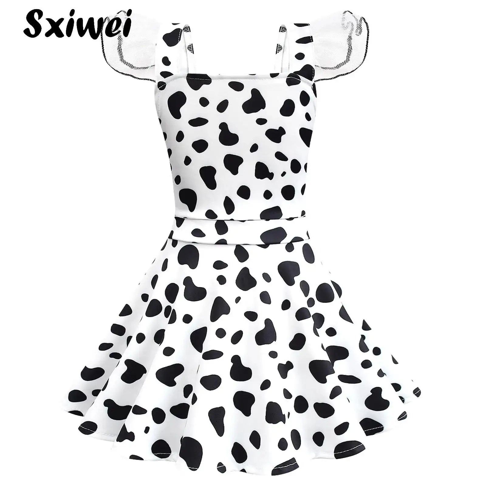 Child Girls Dalmatian Costume Black Spotted Print Mesh Ballet Dance Dress for Christmas Carnival Movie Character Fancy Dress Up