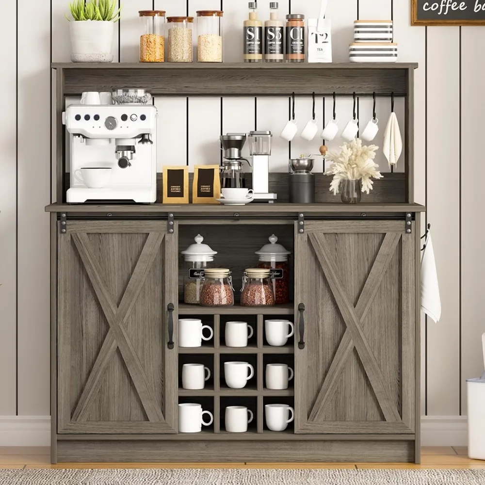 

Farmhouse Coffee Bar Cabinet with Storage, Kitchen Buffet Sideboard Storage Cabinet with 6 Hooks and Sliding Barn Door