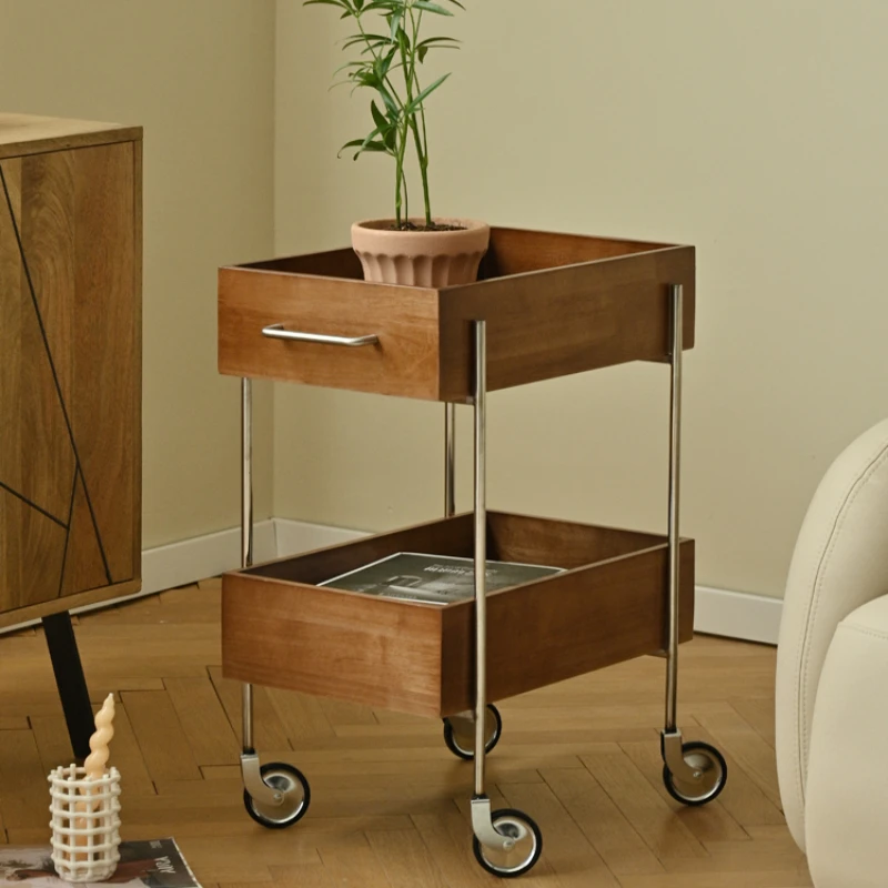 

Nordic stainless steel trolley sofa side movable double shelf home living room log color trolley