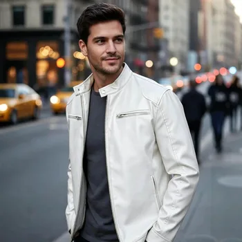 Men's PU leather jacket stand-up collar slim-fit vintage-style biker jacket spring/fall top 2