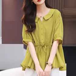 2024 Summer Korean Doll Collar Blouse Loose Button Women's Clothing Solid Color Stylish Ruffles Spliced Commute Drawstring Shirt