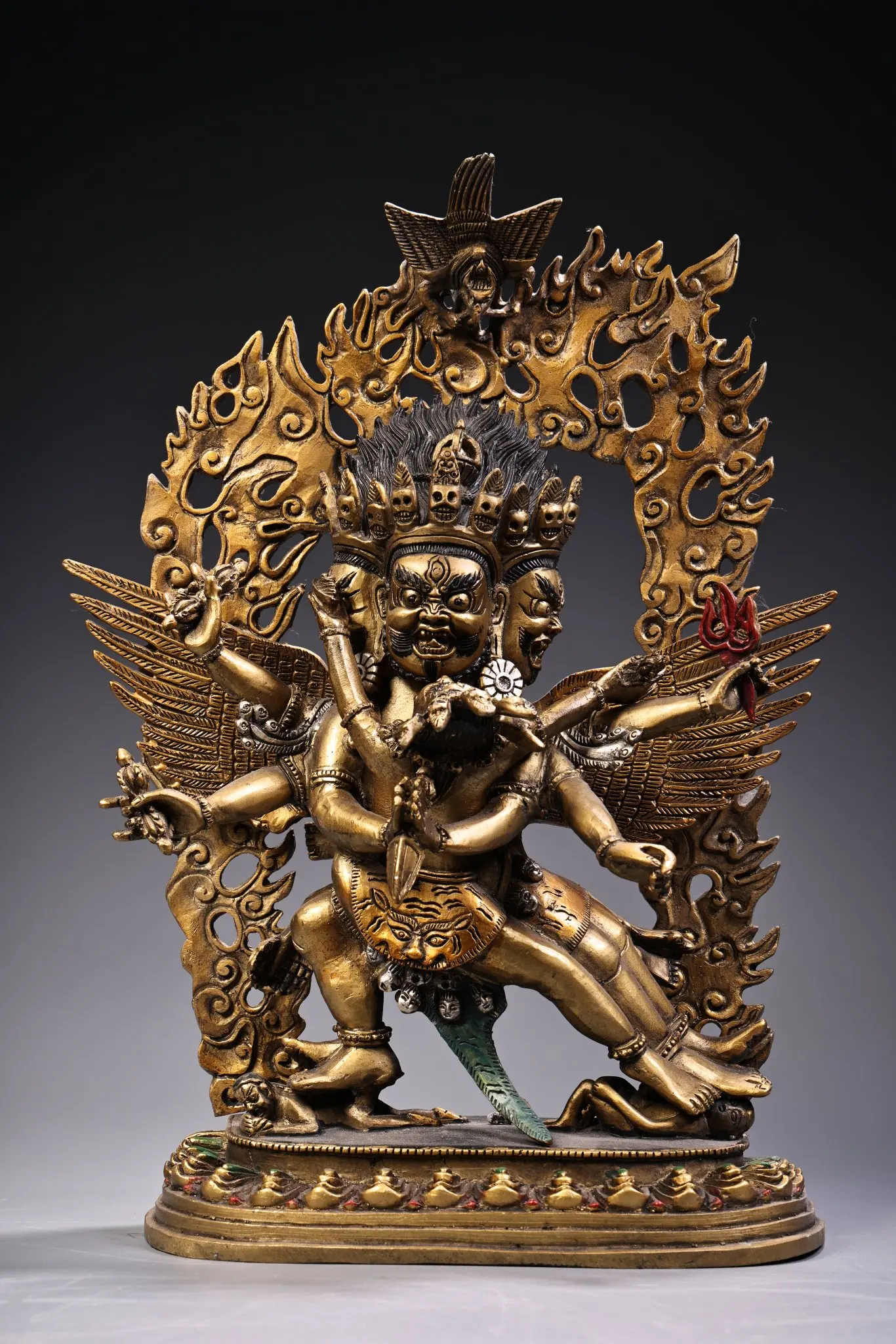 

12"Tibetan Temple Collection Old Bronze Gilded Painted High ReliefPuma Vajrayana Buddha Backlight Worship Hall Town house