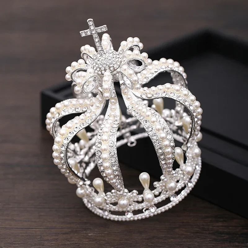 Baroque Crystal Pearl Crown And Tiara For Women Round Crown Tiara Hair Jewelry Wedding Hair Accessories Bridal Party Headdress image 4