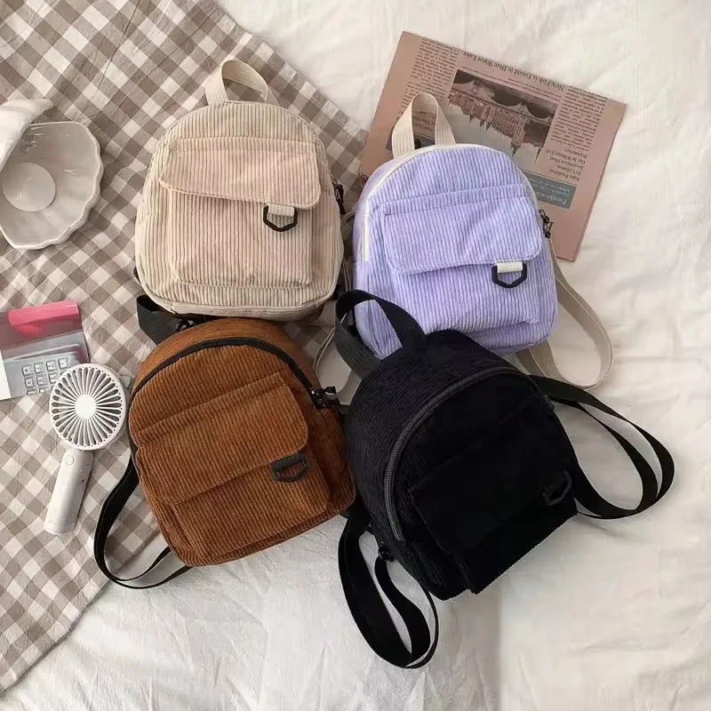 Fashion Women Mini Backpack Solid Color Corduroy Small Backpacks Simple Casual Student Bookbags Traveling Backpacks