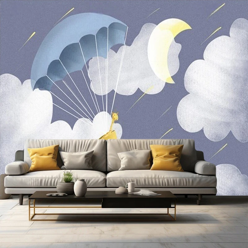 Modern Minimalist Hand-Drawn Illustration Of A Cartoon TV In A Child's Room With White Clouds And Natural Scenery Wall Sticker