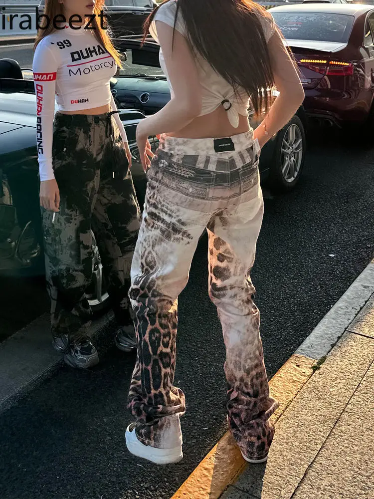 

Women's Jeans - Cheetah Print Digital Wash High Waist Vintage Flared Bell Bottoms Plus Size Distressed Denim Pants for Women