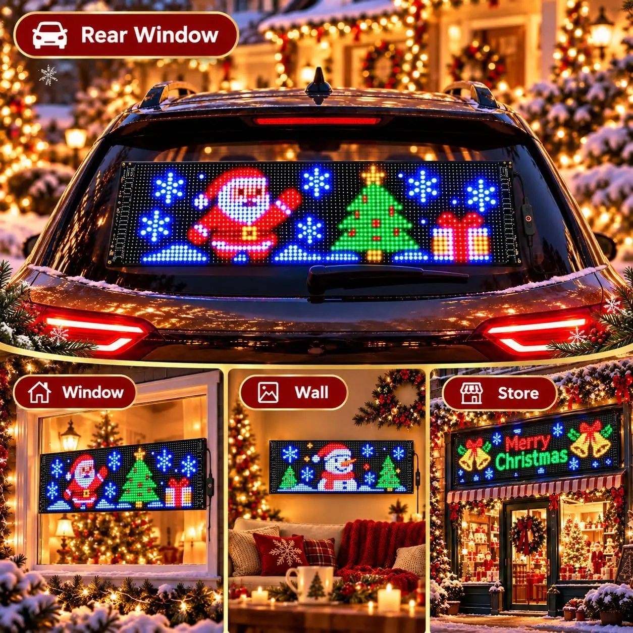 Christmas LED Car Rear Window Display, App-Controlled Flexible Pixel Screen, Animated Holiday Lights in 3 Sizes