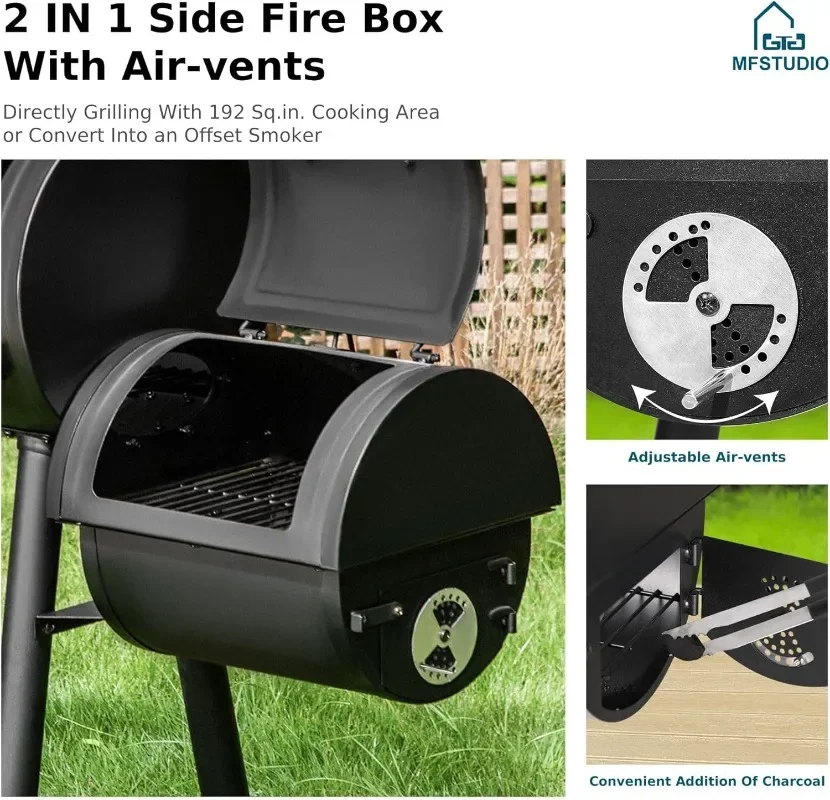 MFSTUDIO Heavy Duty Charcoal Wood Offset Outdoor Smoker Grill, Charcoal Grill with Smoker Combo for BBQ Grilling, 512 SQ.IN. 6