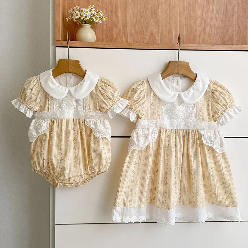 2026 New Summer Sister Clothing 2-6Yrs Baby Girl Party Dress Cotton Short Sleeved Printing Splice Romper Kids Princess Dresses