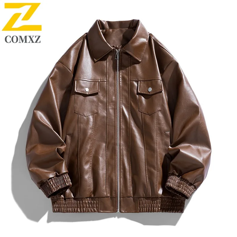 سترة جلدية أنيقة للرجال من COMXZ بياقة مقلوبة على الموضة الأمريكية معطف خفيف الوزن للدراجات النارية ملابس خروج مريحة للخريف