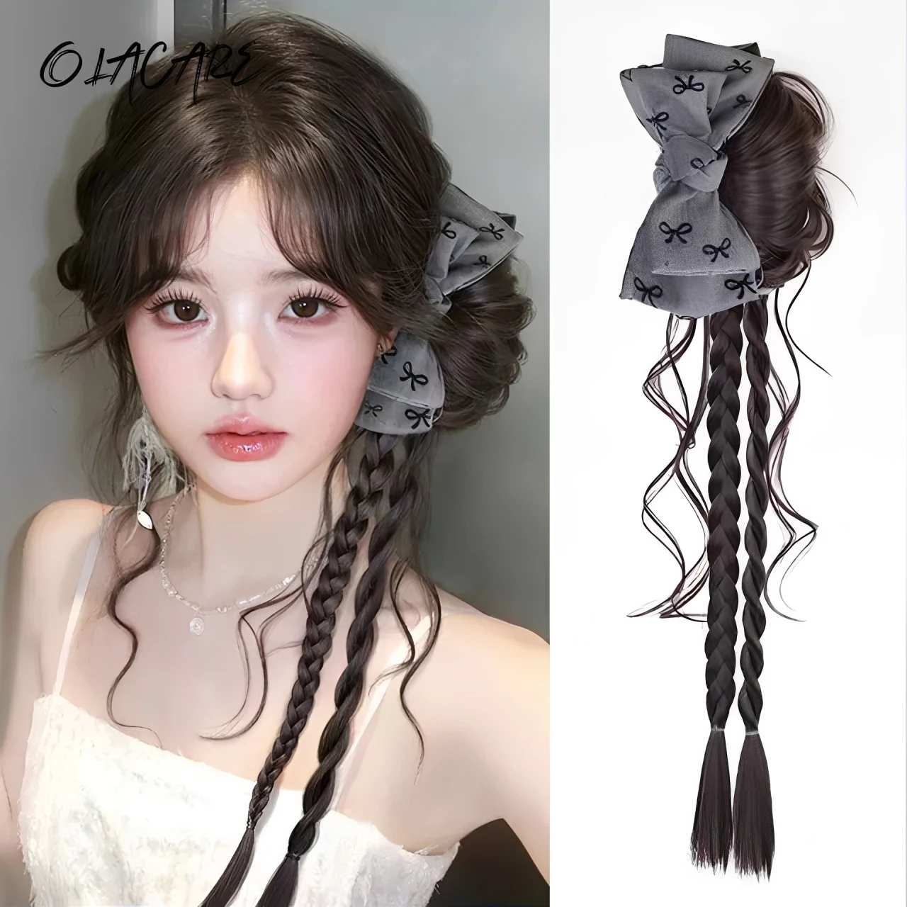 18Inch Synthetic Curly Wavy Hair Pieces for Women Bowknot Clip-in Ponytail Extension Pony Tails Realistic Hair Extensions Female