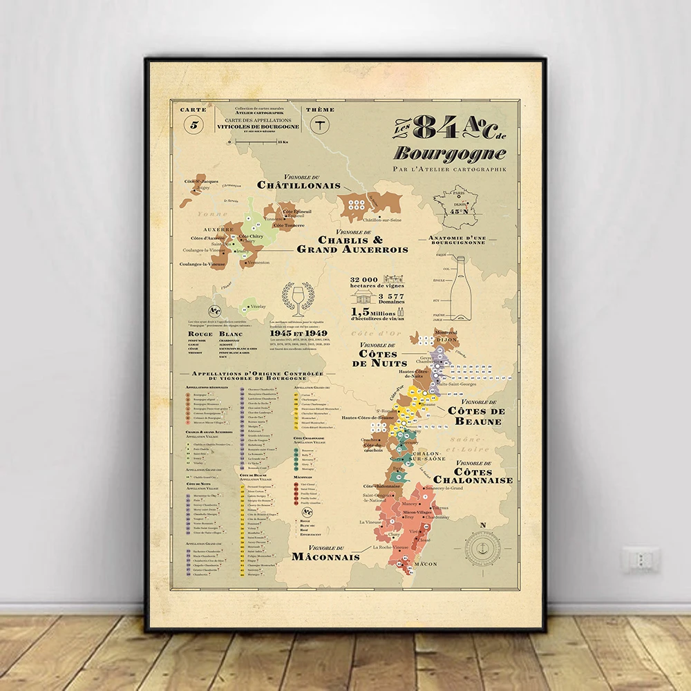 Vines Map of France Wall Art Pictures Vineyards Old School Map Poster and Print Vinatge Canvas Painting Library Room Decor