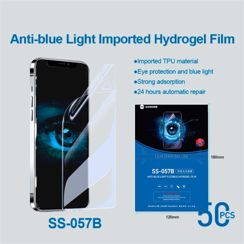 SUNSHINE 50pcs Hydrogel Sheets SS-057 SS-057A SS-057S SS-057R SS-890C Screen Protector Machine Front Film for iPhone 14 13 12 11