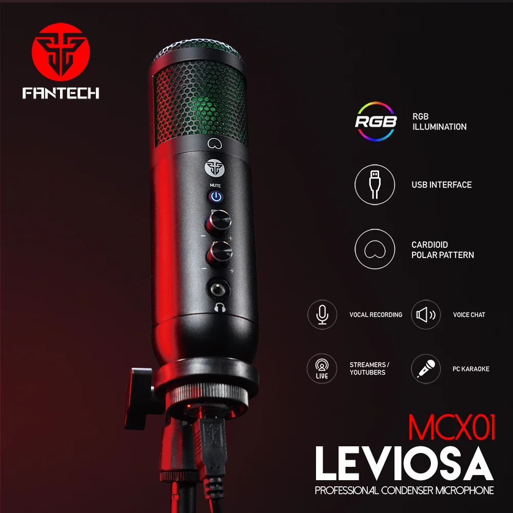 FANTECH LEVIOSA MCX01 USB Microphone Cardioid Polar Pattern Professional Condenser Microphone with Headphone Jack Gift a Tripod