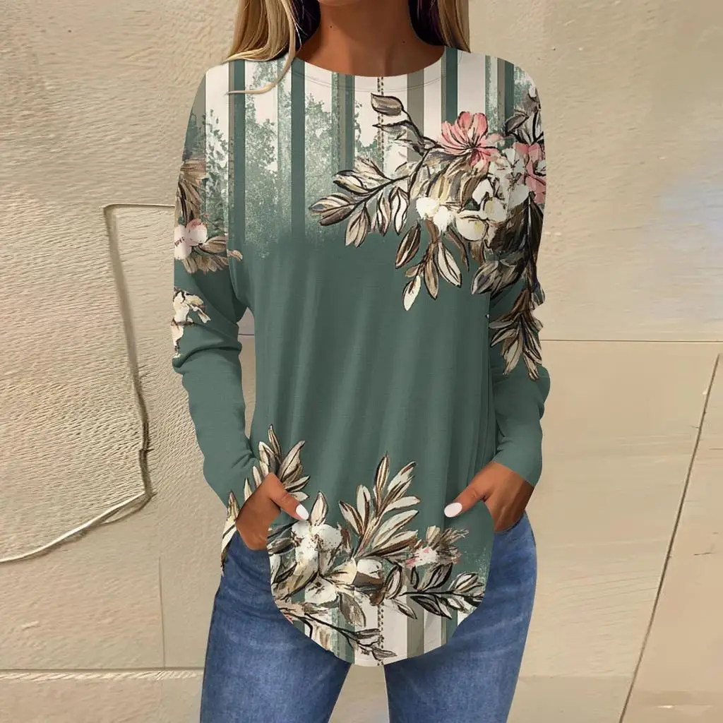 

Женская базовая футболка с длинными рукавами, круглый вырез, градиентный цветочный принт, однотонный топ, повседневный пуловер, универсальная футболка для вечеринок