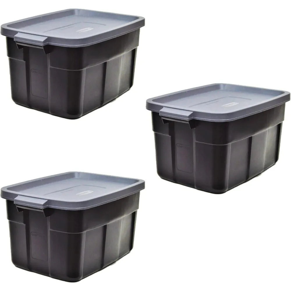 Rubbermaid Roughneck 31 Gallon Stackable Storage Bins, 3-Pack, US-Made, Black & Gray, Durable Plastic Containers with Lids and H
