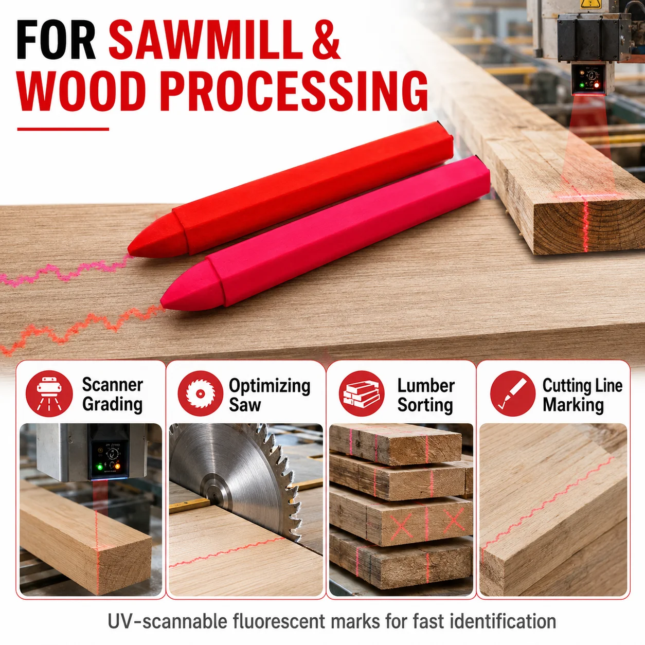 Fluorescent Lumber Sensing UV Scannable Crayon Industrial Neon Marking Crayon for Wood  Sawmill Scanner Grading Optimizing Saw