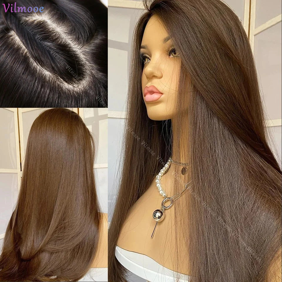 

Chocolate Brown 5x5 Silk Top Closure Human Hair Wigs #4 Dark Brown Colored Straight 13x4 Lace Frontal Wig For Women 180% Density