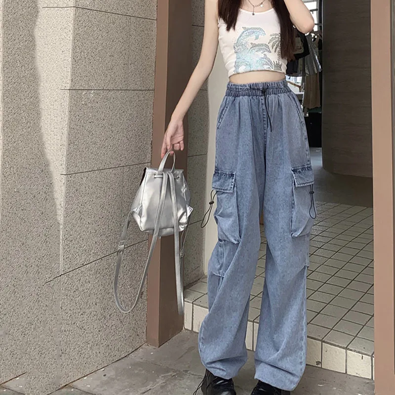 

Blue Cargo Pants Women Casual Hippie Denim Trousers Baggy High Waist Jeans Women Vintage Y2k 90s Grunge Streetwear Tide 2023