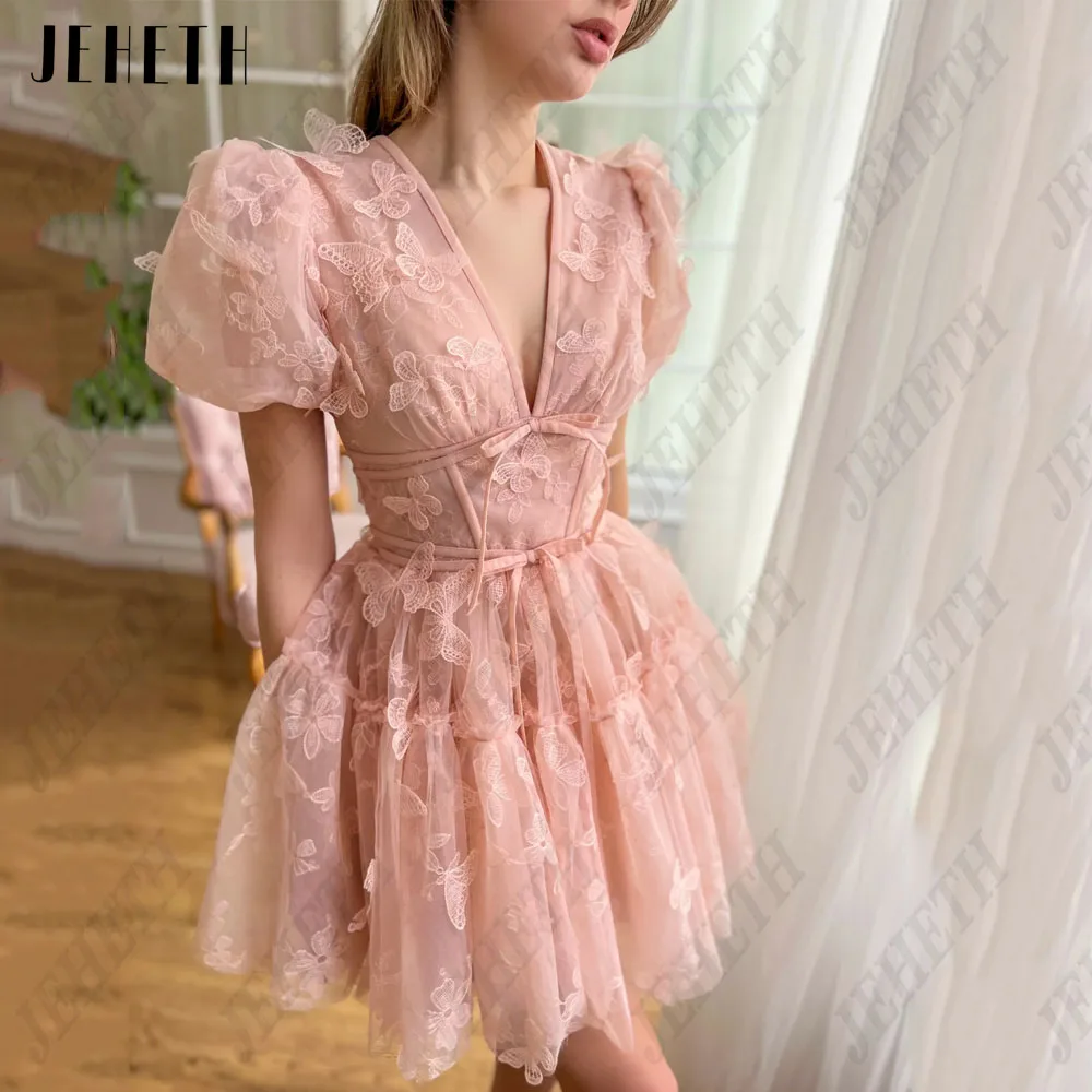 JEHETH Butterfly Embroidery Mini Prom Dress Short Puff Sleeves A-Line Pink Party Gowns Double Deep V-Neck Vestidos De Festa 2024