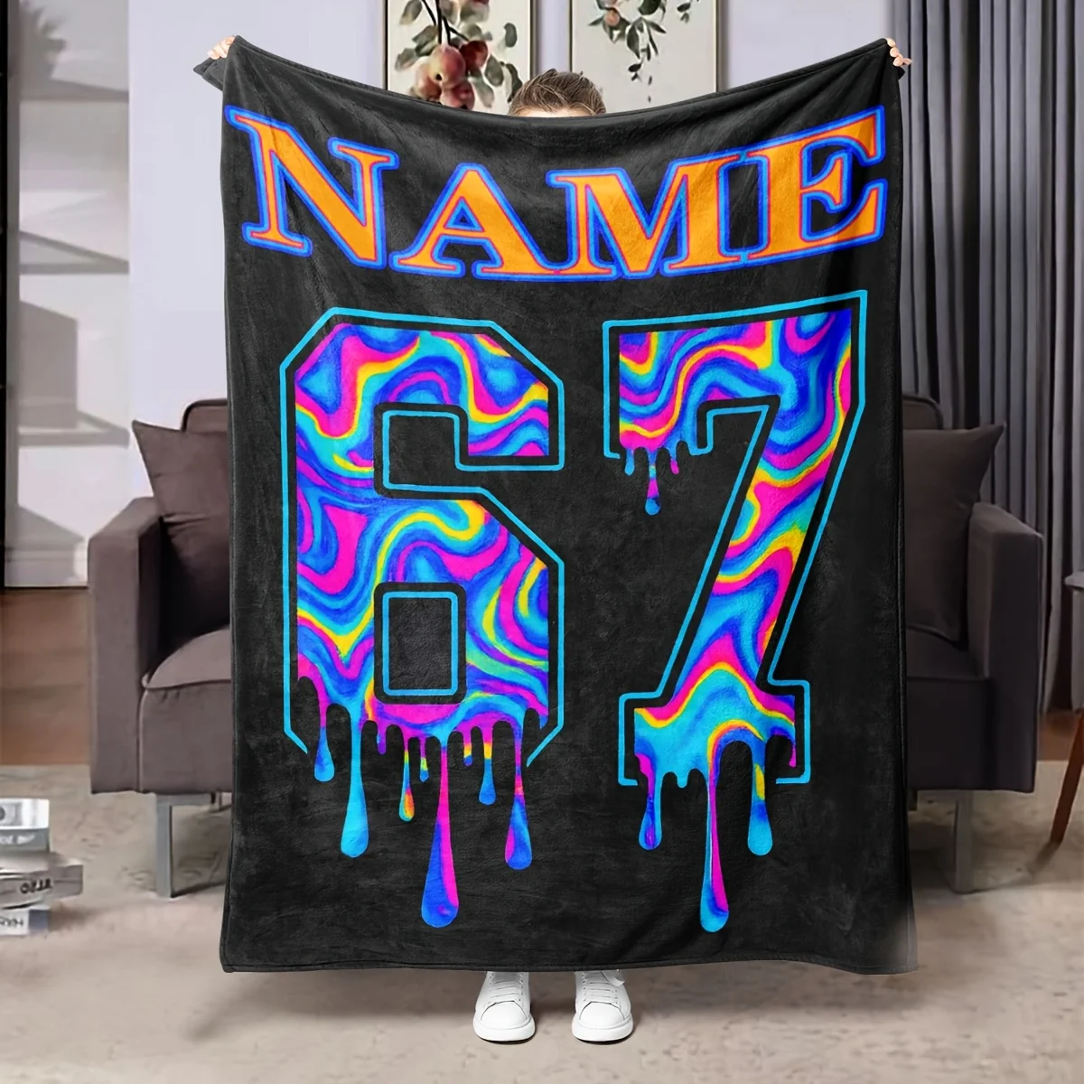 Custom Name Number Blanket Colorful Graffiti Style Fleece Throw All Season Soft Warm Bedding Personalized Gift
