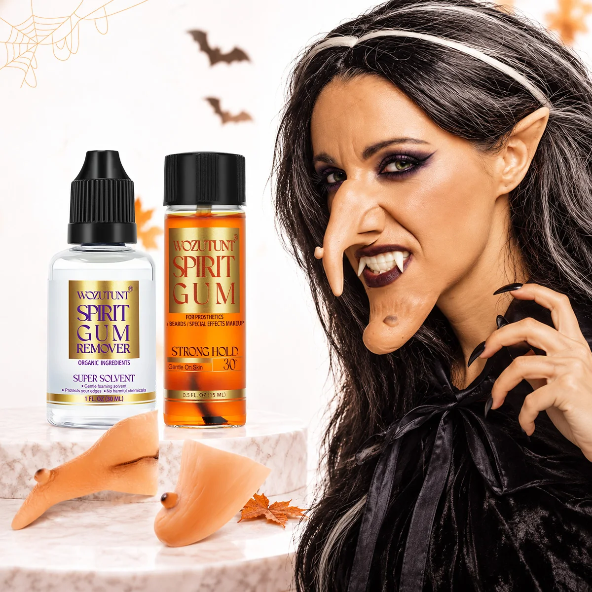 Spirit Gum Gentle Remover Liquid with Realistic Prosthetic Nose Chin for Playing Witch's Halloween Makeup Cosplay Costume Party