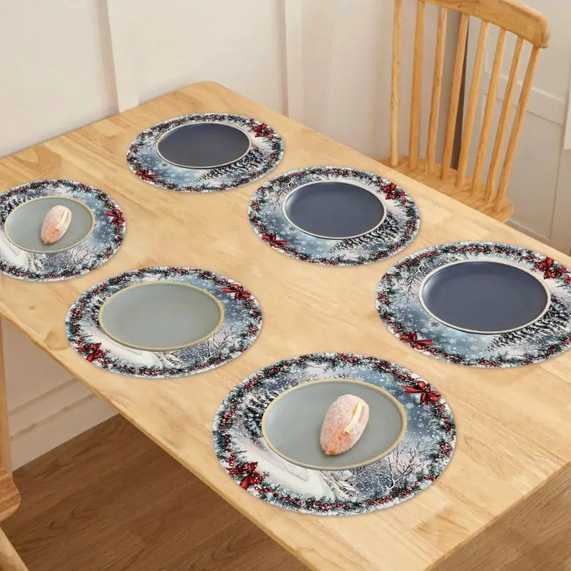 VIKAMA Christmas Placemats Snow House Forest Scene Linen Table Mats Set Dining Xmas Table Setting Home Decor