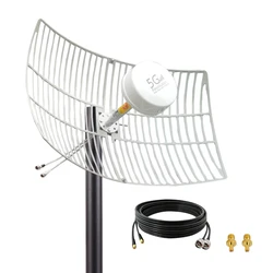 Outdoor High Gain 2x2 30dBi/ 698-6000MHz MIMO 4G LTE/5G Antenna,Long Range Parabolic Grid Antennas for WiFi Hotspots,with 15m