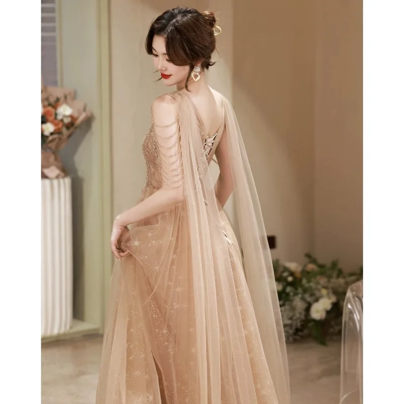 Khaki Sexy V-Neck Sequins Beaded Tassel Back Bandage Chiffon Banquet Evening Dresses Women Formal Party Gown Vestidos