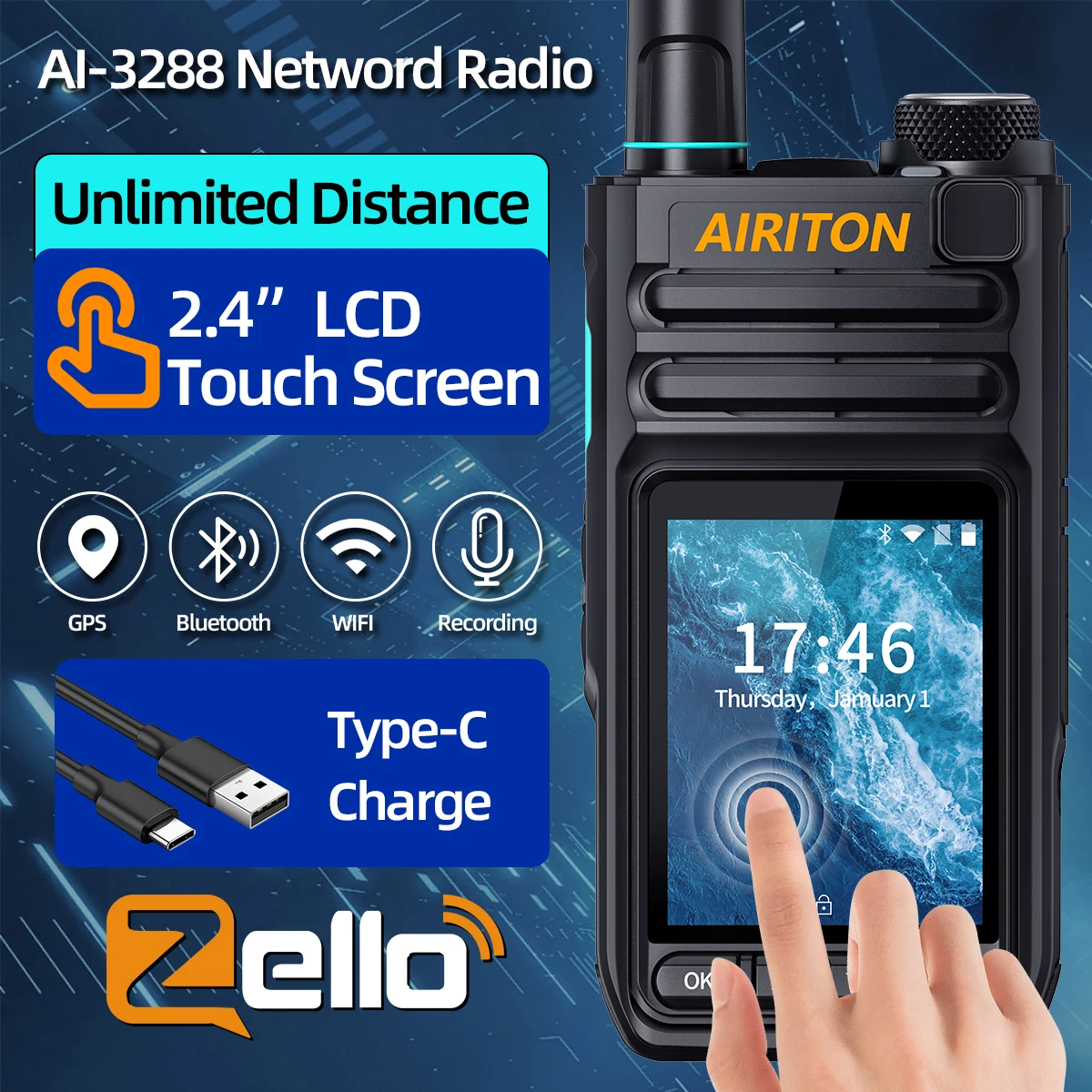 AIRITON AI-3288 شبكة لاسلكية تخاطب 2.4 بوصة شاشة تعمل باللمس Zello جديد كوالكوم الطلب نظام تحديد المواقع بلوتوث واي فاي 4G راديو لمسافة غير محدودة