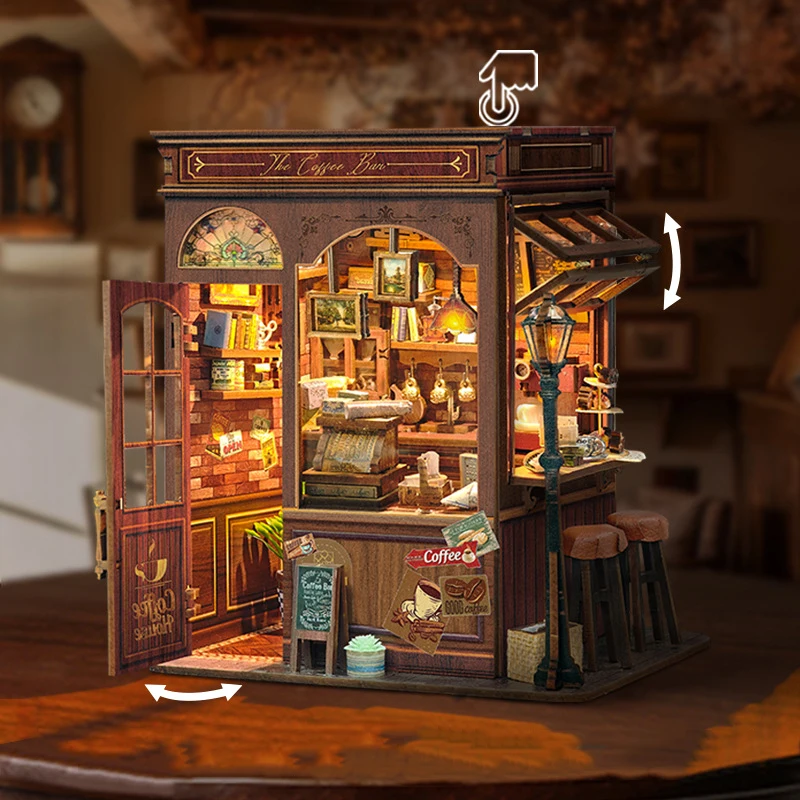 3D Wooden Dollhouse Coffee House Model Miniature  with Furniture Kit DIY Assemble Toys for Child Adults Birthday Gift