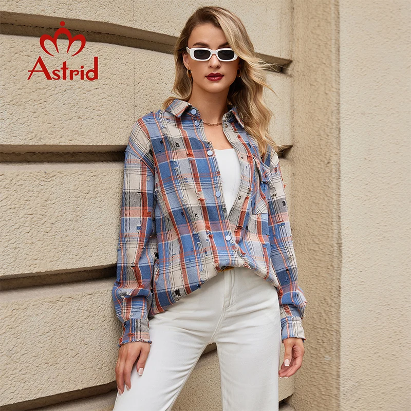 Astrid Camicia scozzese da donna Cappotto a quadri Scavato Design con foro spezzato Bottone con risvolto Stile moda Top ampio Camicette chic Camicie