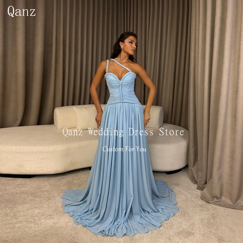 

Qanz синие шифоновые вечерние платья длинные трапециевидные бретельки вечерние платья женские милые платья для торжественных случаев по индивидуальному заказу