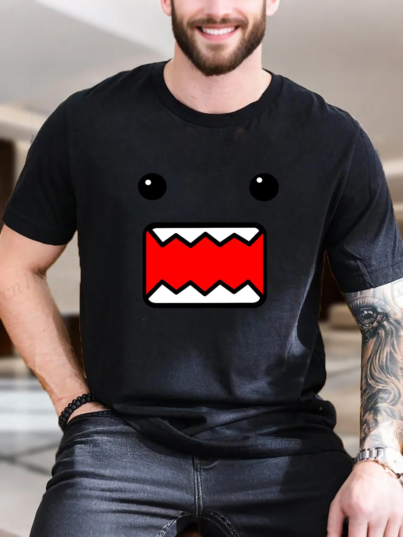 

Men's Graphic Print T-Shirt - Red & White Monster Black Background, 100% Cotton, Soft Breathable, Casual Short Sleeve Tee for Su