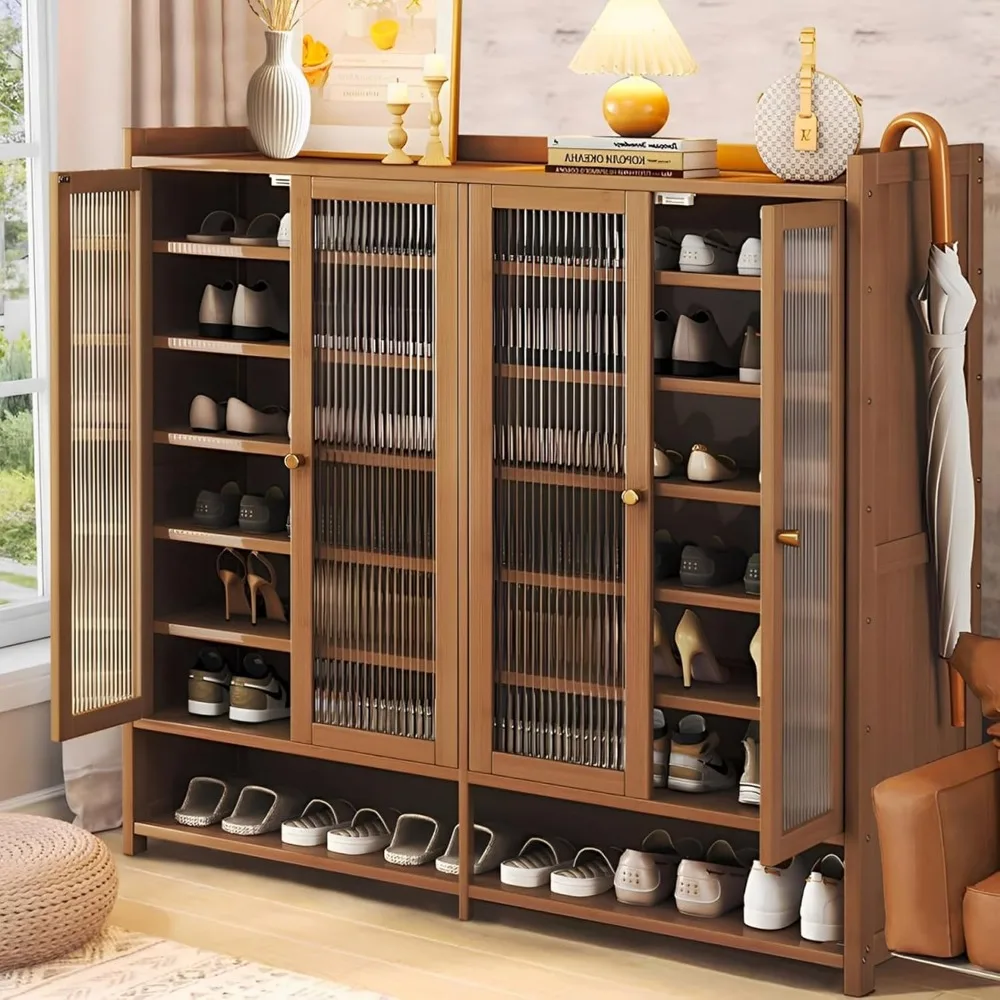

bamboo shoe cabinet, 8-tier shoe storage cabinet with doors, freestanding bamboo shoe rack organizer with shelves for entryway,