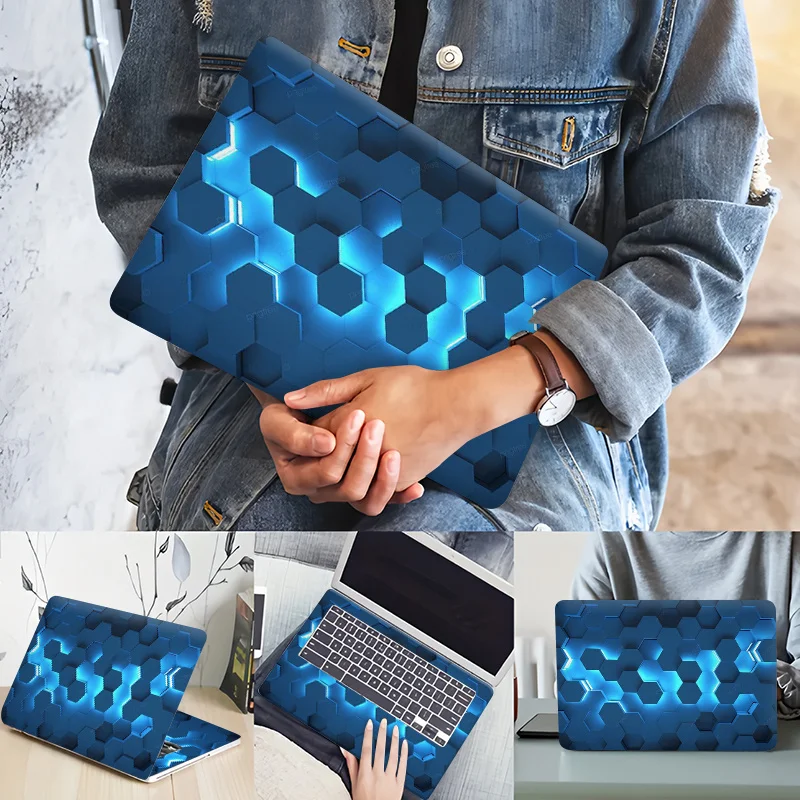 Laptop Sticker with Luminous Blue Hexagon Pattern | Crop 12/13/14/15.6 Vinyl Decal for MacBook, HP, Dell Gaming Laptops,