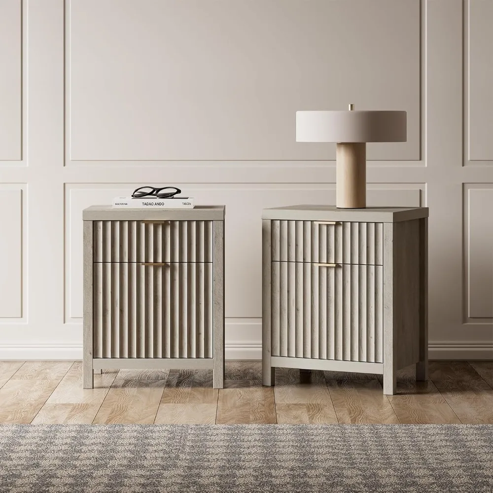 Night Stand Set 2, Fluted Nightstand with Charging Station, Modern End Table with 2 Drawers, Bed Side Tables Set of 2 for Bedroo